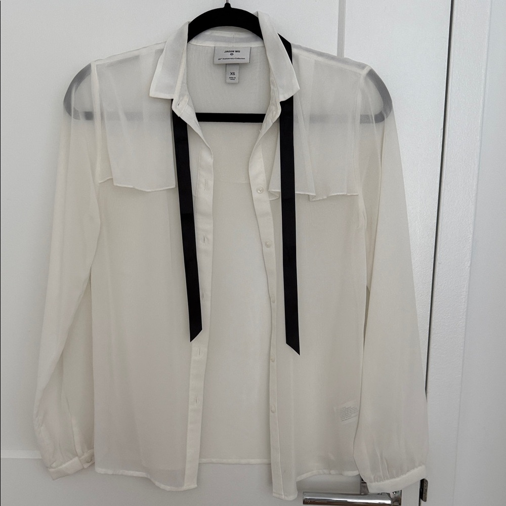 Sheer Ivory Tie-Neck Blouse with Black Ribbon